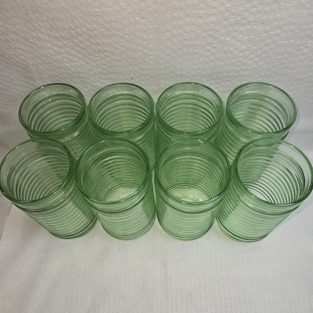 ANCHOR HOCKING PARK LAND GREEN RIDGED GLASSES/TUMBLERS SET OF 8 EUC VINTAGE - Picture 4 of 6